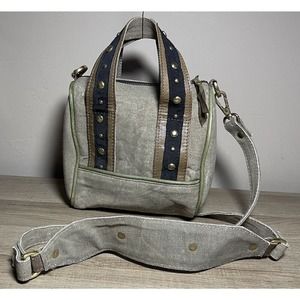 Mona B Small Squared Crossbody With Handle Top Canvas Purse Tan With Studs 8x8x4